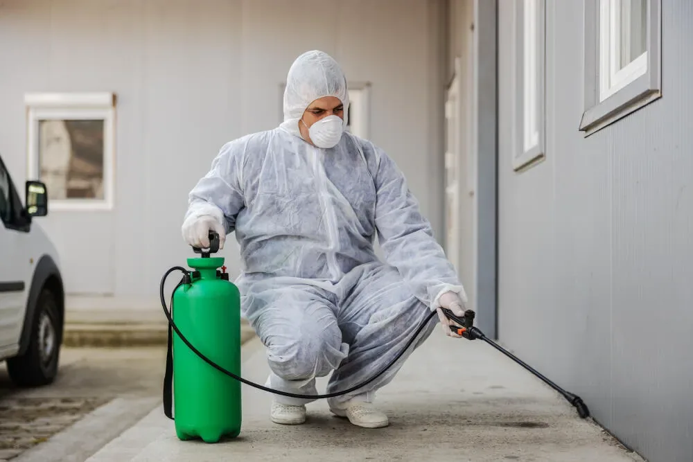 Profissional aplicando produto na área externa de um imóvel